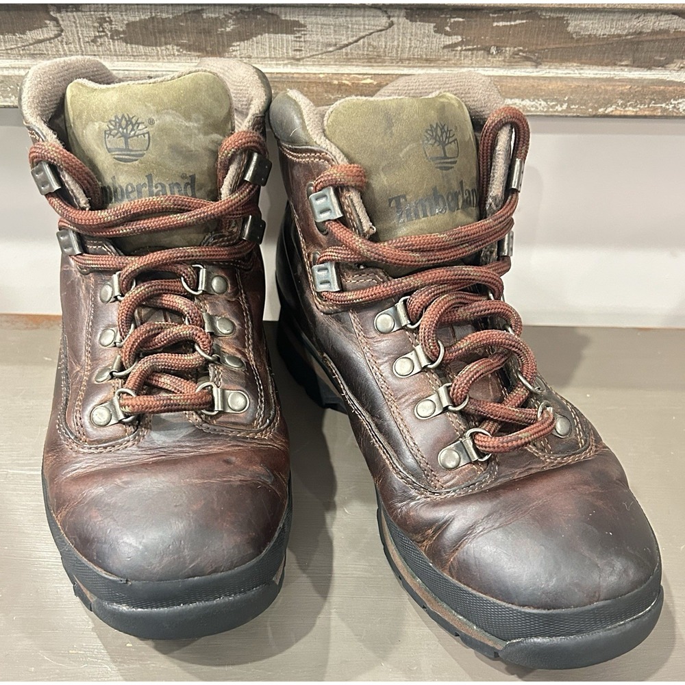 Timberland Euro Hiker Boots Mens Sz 8.5M GenuineBrown Leather Green Hiking Trail